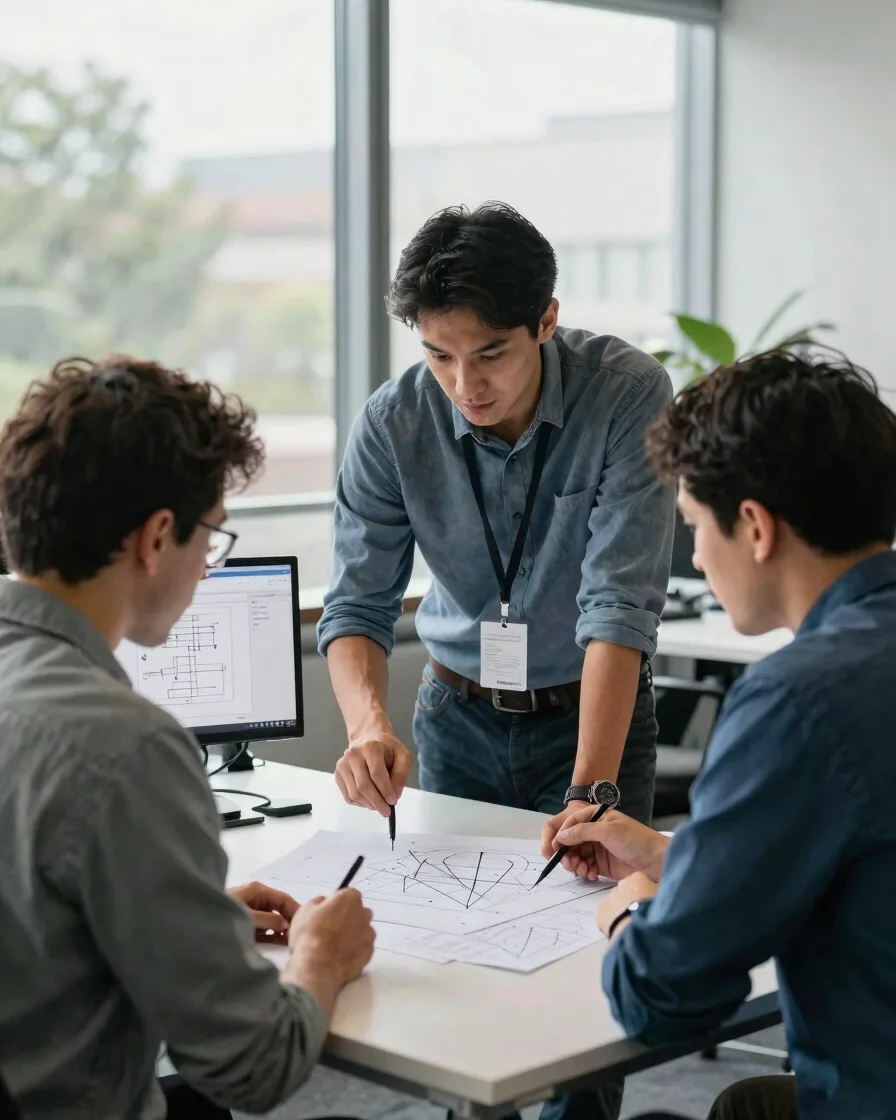 Professional IT consultants collaborating over system architecture diagrams in a modern office with natural daylight